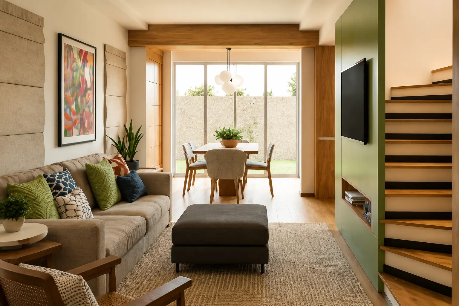 Visualização da sala da Casa Aberta com marcenaria verde, madeira e integração ao jantar