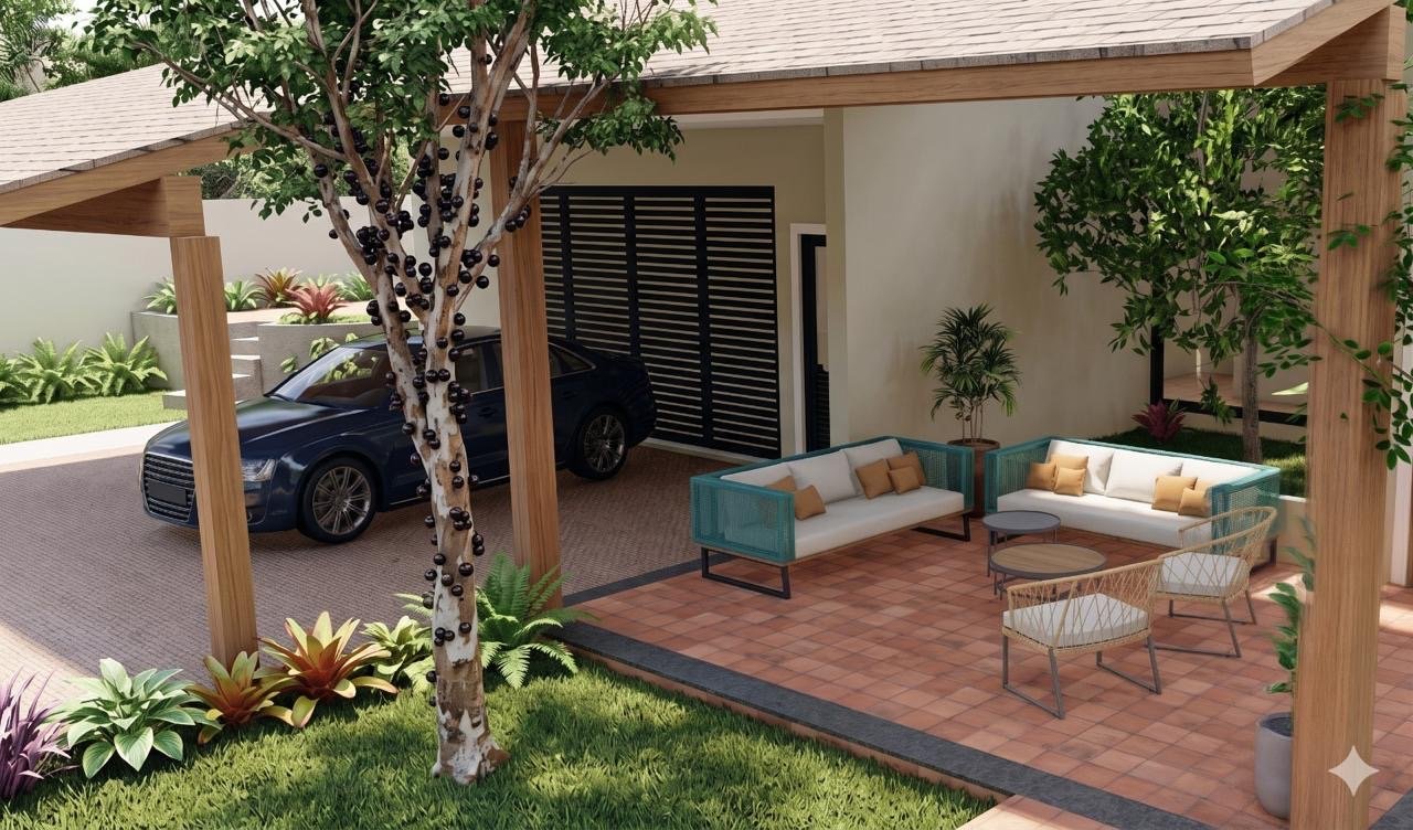 Visualização da Casa Jabuticabeira com varanda, jardim e árvore preservada