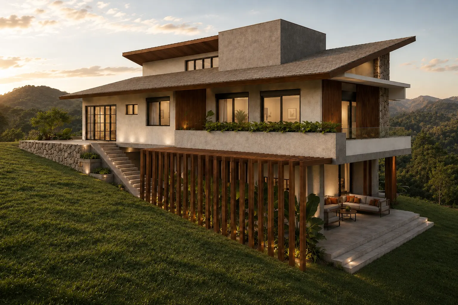 Visualização lateral da Casa Monte Verde mostrando a implantação adaptada ao declive