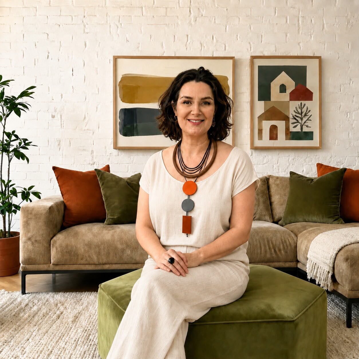 Retrato profissional da arquiteta Vivian Massignan em um ambiente com arte, plantas e materiais naturais